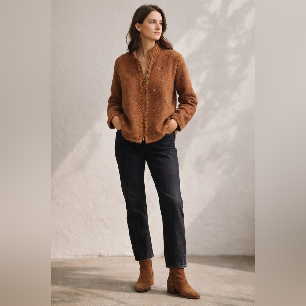 Boho Artisan 100% Wool Zip Jacket Embellished Brown Rust Statement Cardigan | XL - Picture 13 of 13